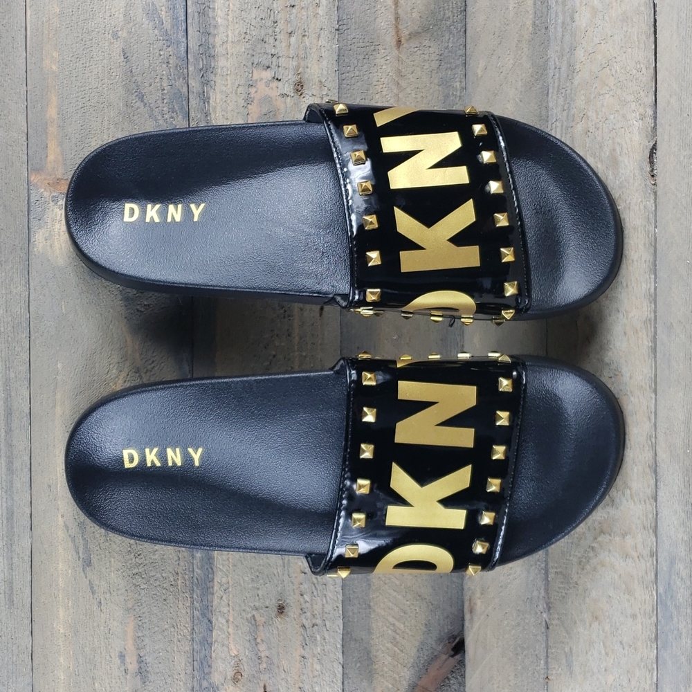 DKNY Logo Band Slides Sandals Black Gold NEW